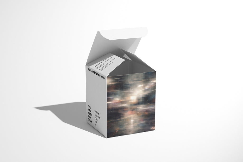 Product packaging with a scenic print on a white background